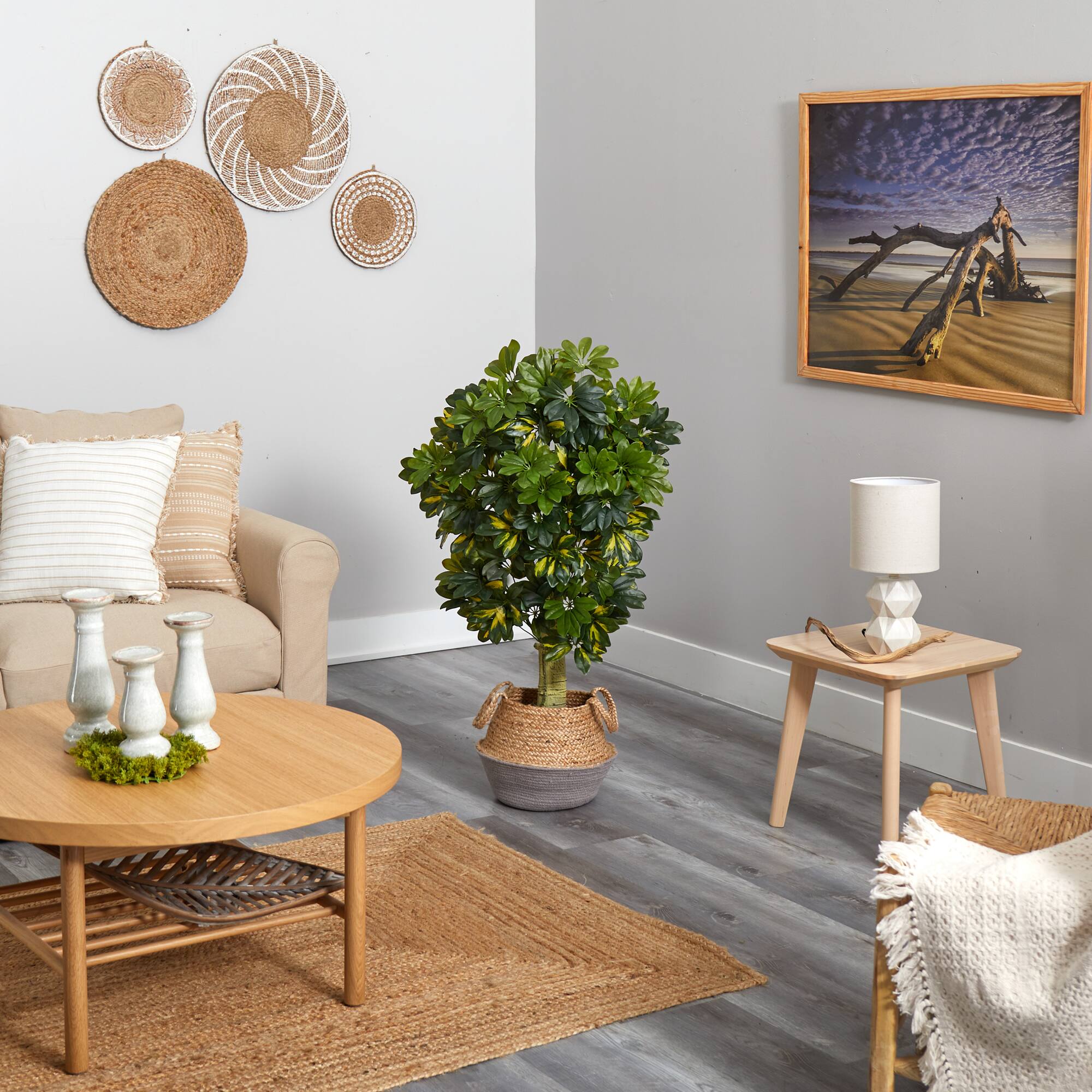 4ft. Schefflera Artificial Tree in Boho Chic Handmade Cotton & Jute Gray Woven Planter (Real Touch)